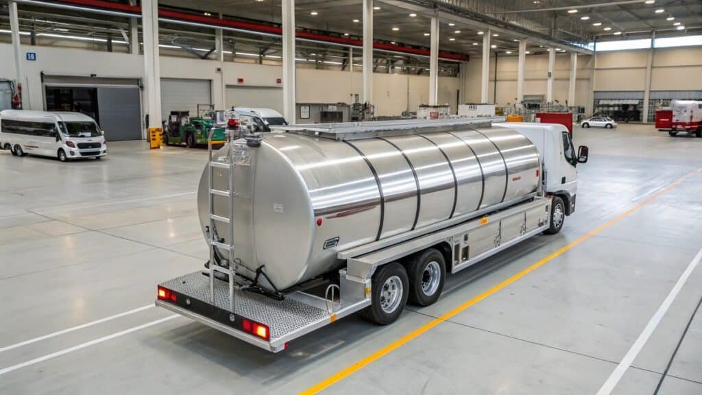 alt with keywords: an LNG fuel tank mounted on a truck or ship, highlighting its construction material
